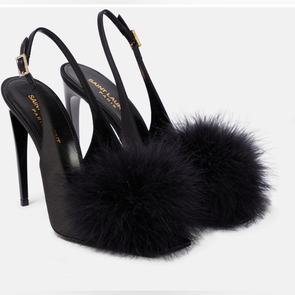 SOLD! Saint Laurent Mae 110 Feather Pompom Slingback Sandals 36 US 6 $1150 - Picture 6 of 11